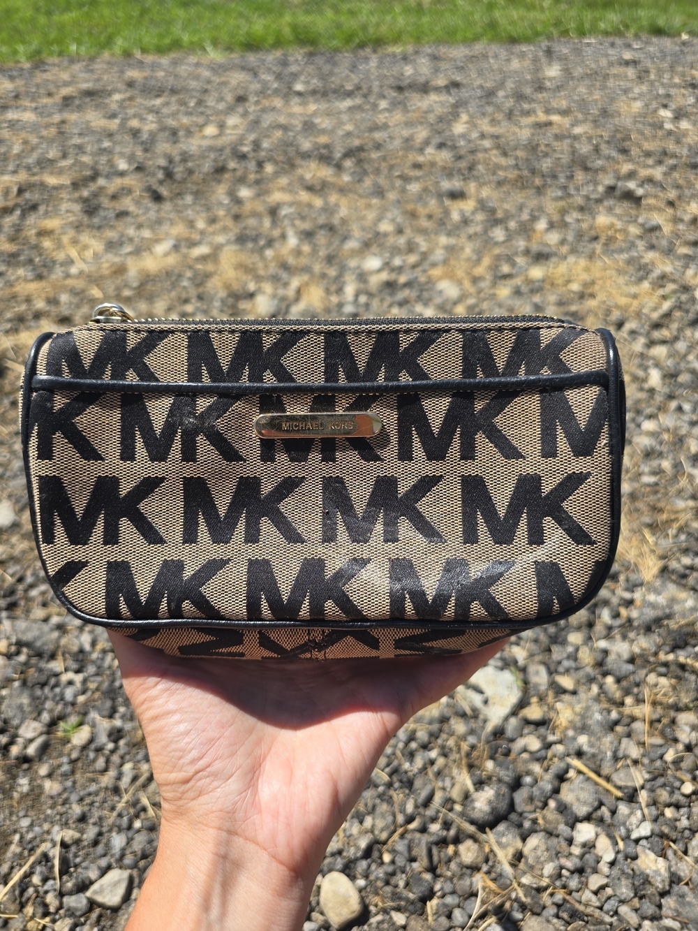 Vintage Michael Kors Black & Tan MK Monogram Canvas Makeup Bag Pouch